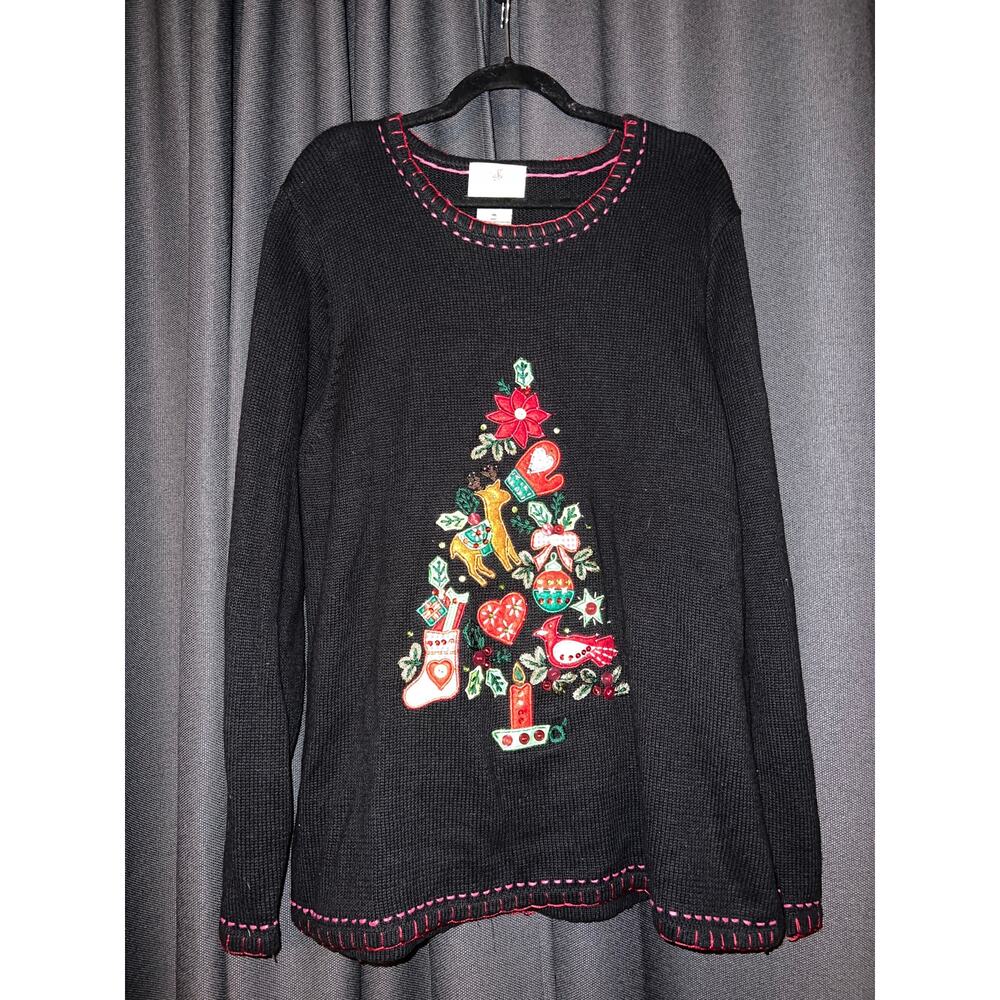Ugly Christmas Sweater Black with Festive Tree Design